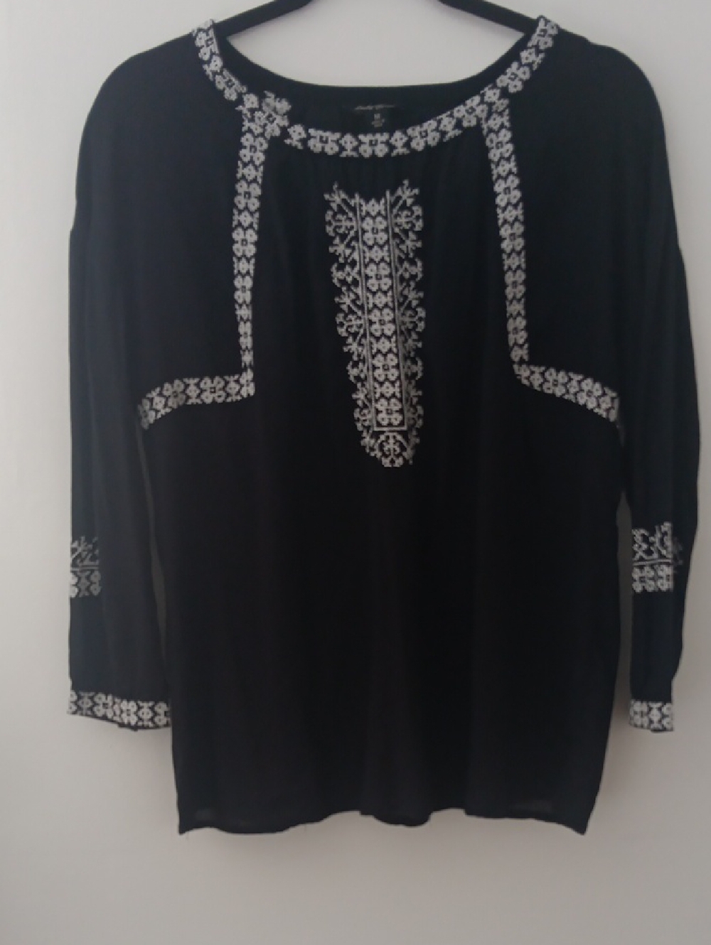 Lucky Brand Black  Embroidered Yoke Blouse Top #3593